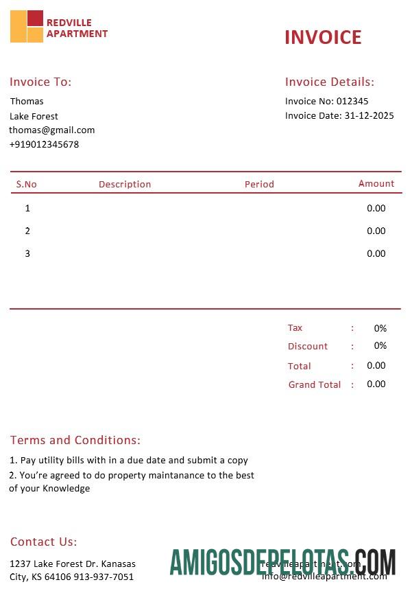 imprimível Modelo de fatura de aluguel de apartamento